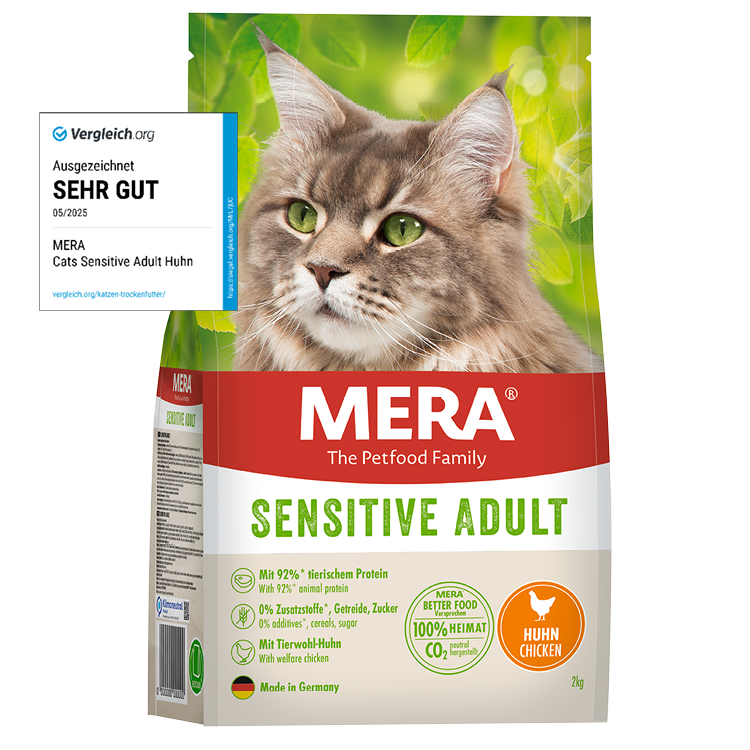 mera CATS All Cats Sensitive Adult Huhn Verpackung mit Vergleich.org Testsiegel