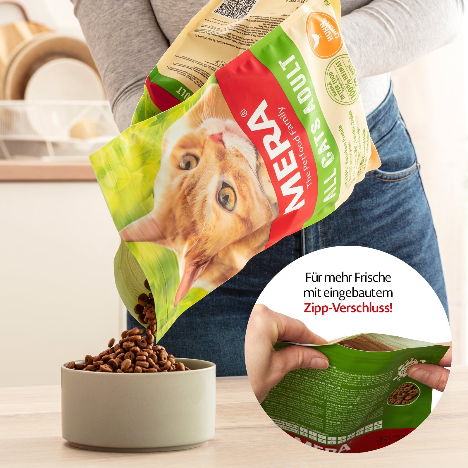 mera CATS All Cats Sensitive Adult Insekt Verpackung mit Napf
