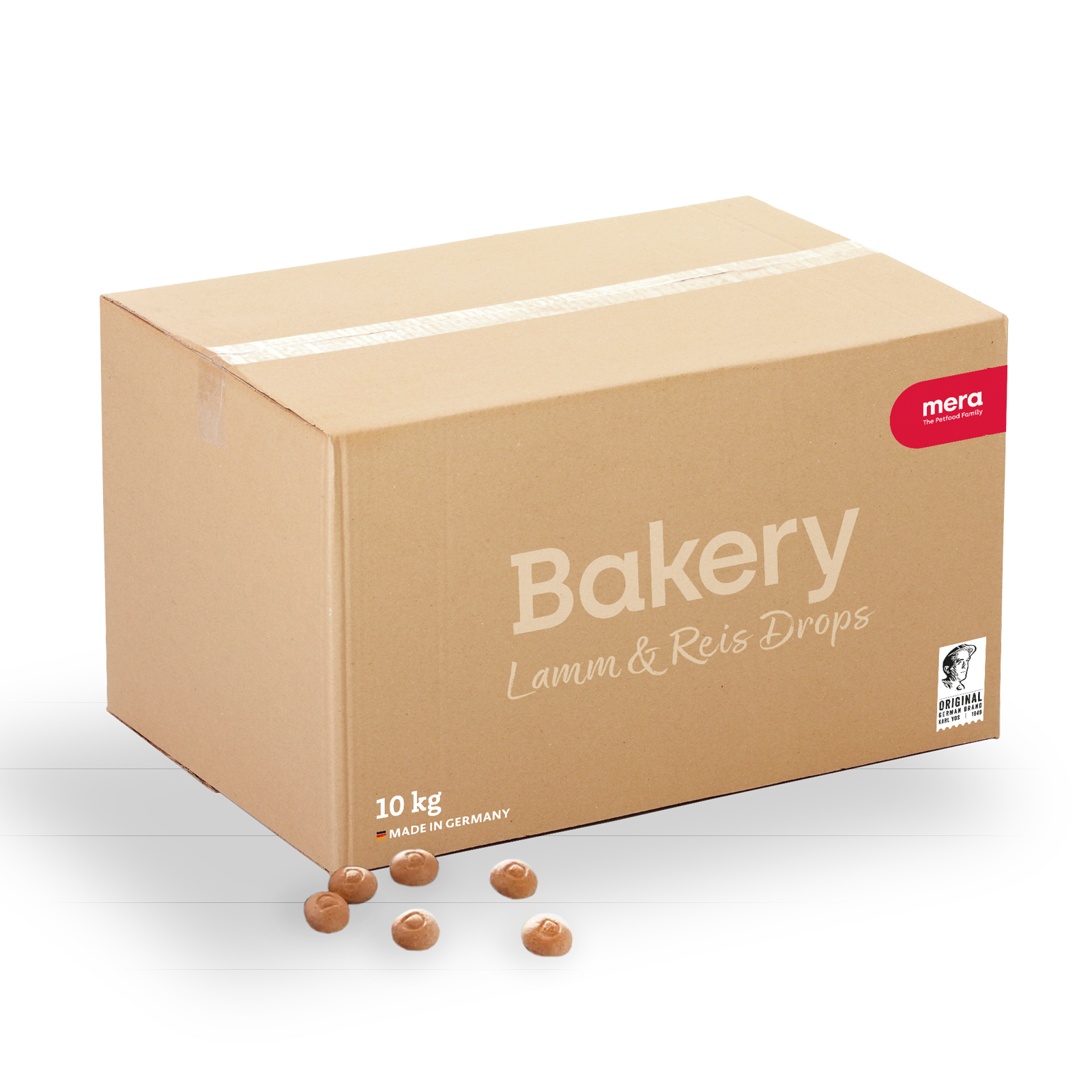 mera Bakery Lamm & Reis Drops 10kg Verpackung mit Lamm & Reis Drops