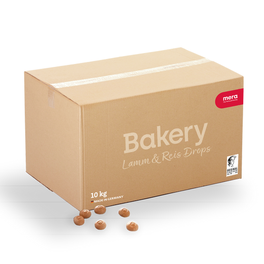 mera Bakery Lamm & Reis Drops 10kg Verpackung mit Lamm & Reis Drops