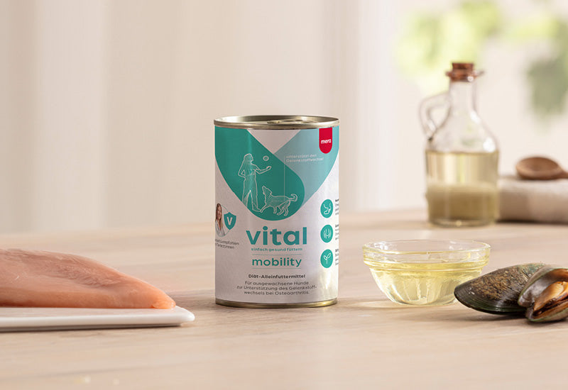 mera vital mobility Hund Nassfutter Verpackung mit Zutaten