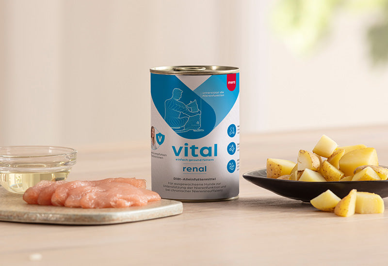 mera vital renal Hund Nassfutter Verpackung mit Zutaten