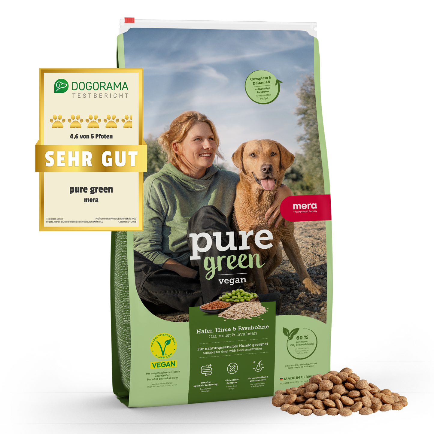 mera pure green vegan Verpackung mit Dogorama Testsiegel