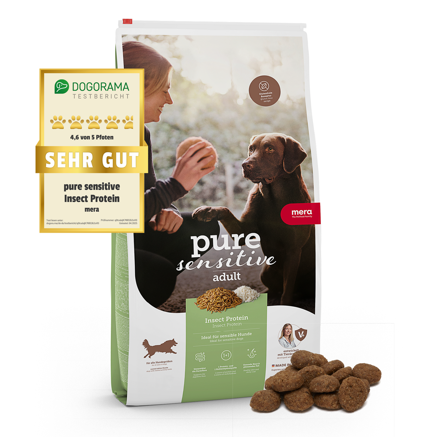 mera pure sensitive Insect Protein Trockenfutter Packshot mit Dogorama Testsiegel