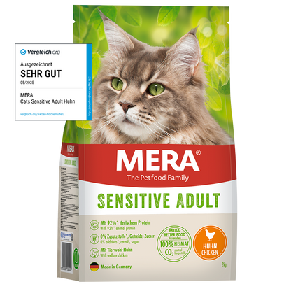 mera CATS All Cats Sensitive Adult Huhn Verpackung mit Vergleich.org Testsiegel