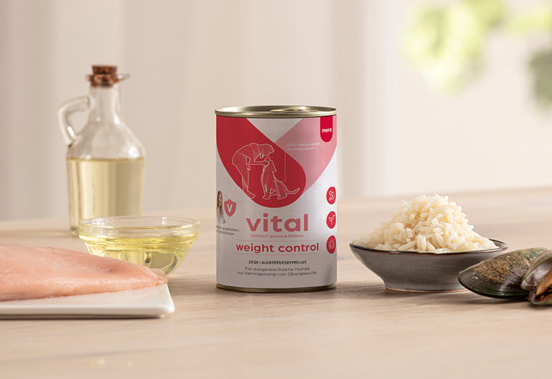 mera vital weight control Hund Nassfutter Verpackung mit Zutaten
