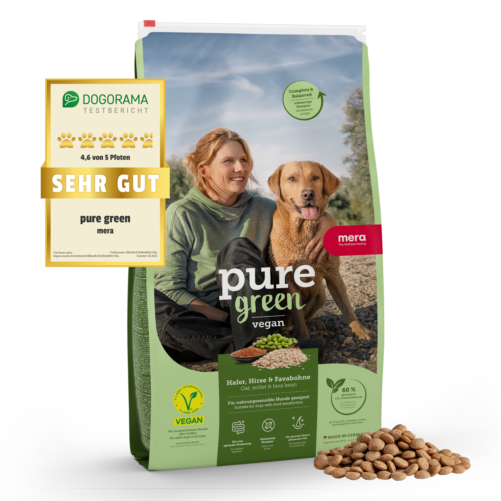 mera pure green vegan Verpackung mit Dogorama Testsiegel