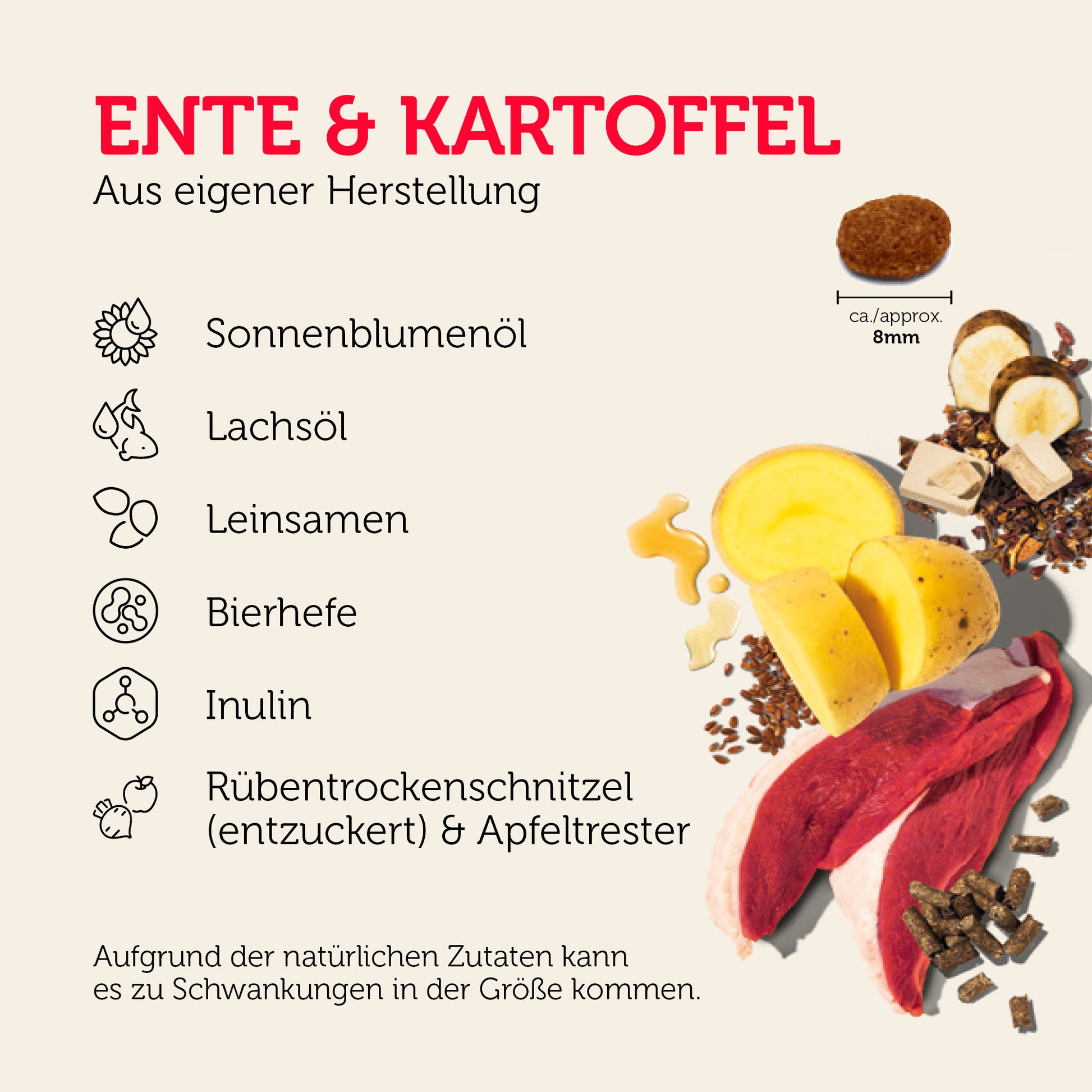 Ente & Kartoffel Snack mit ausgewählten Zutaten und ca. 9 mm Krokettengröße
