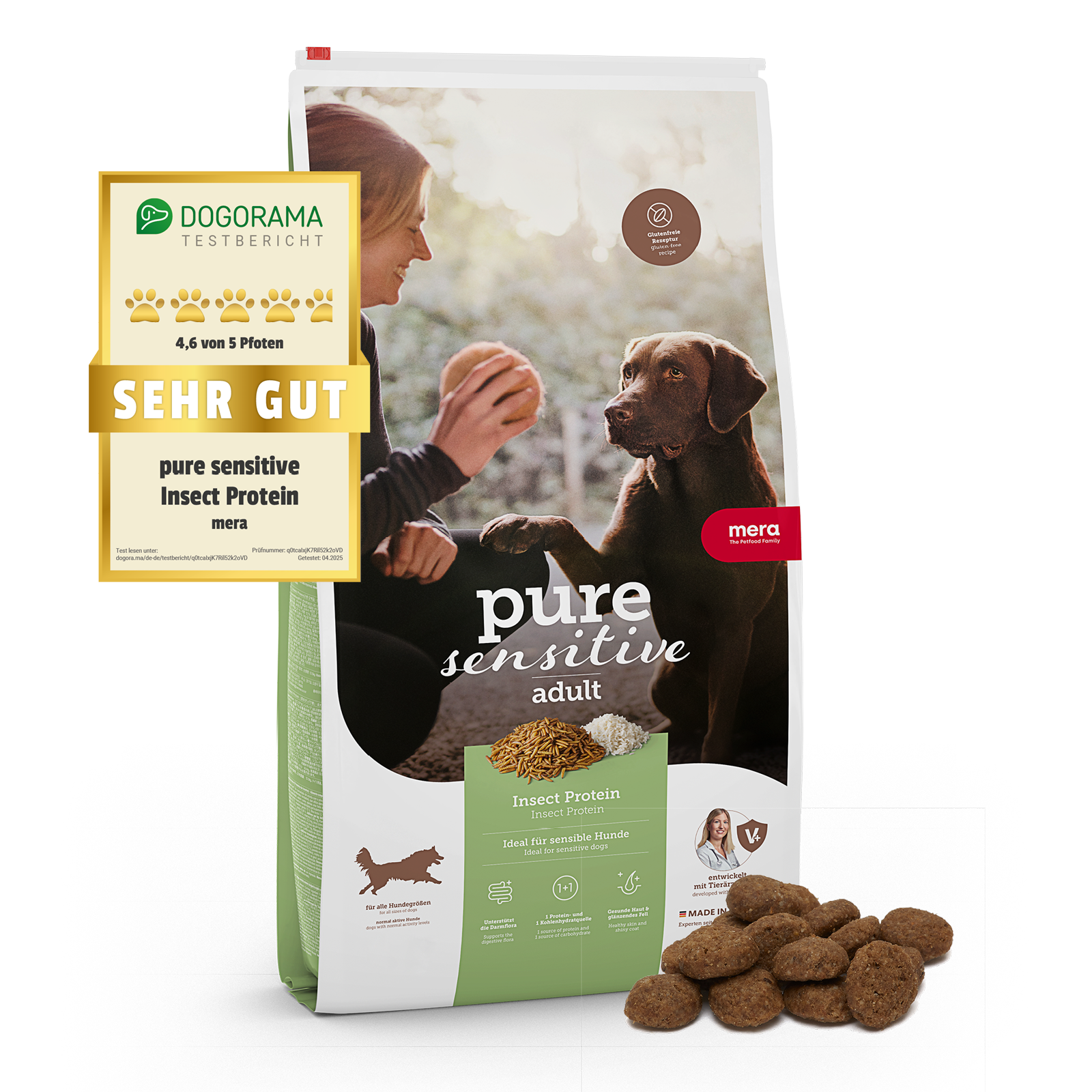 mera pure sensitive Insect Protein Trockenfutter Packshot mit Dogorama Testsiegel
