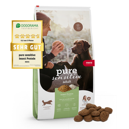 mera pure sensitive Insect Protein Trockenfutter Packshot mit Dogorama Testsiegel