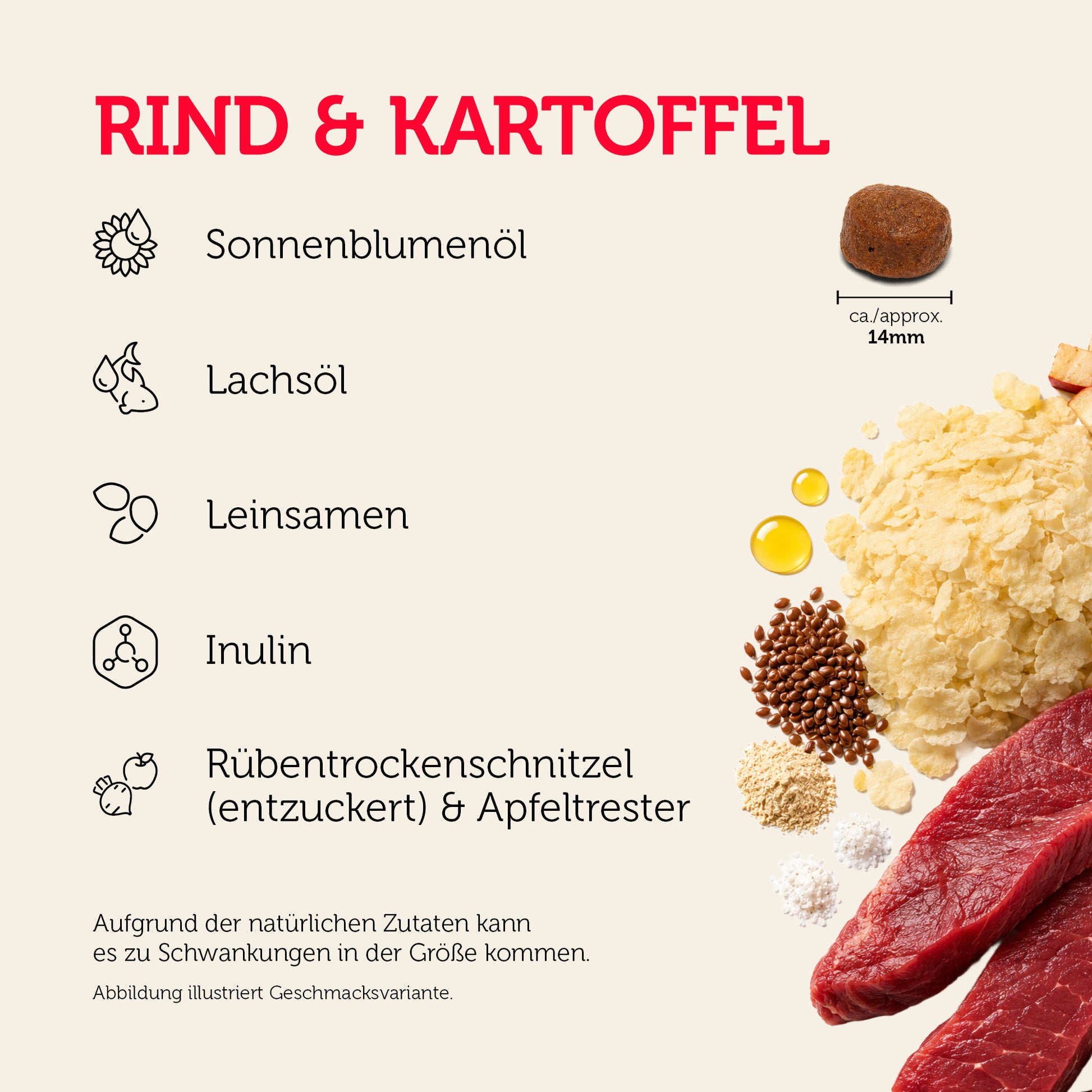 Rind & Kartoffel mit ausgewählten Zutaten und ca. 14 mm Krokettengröße