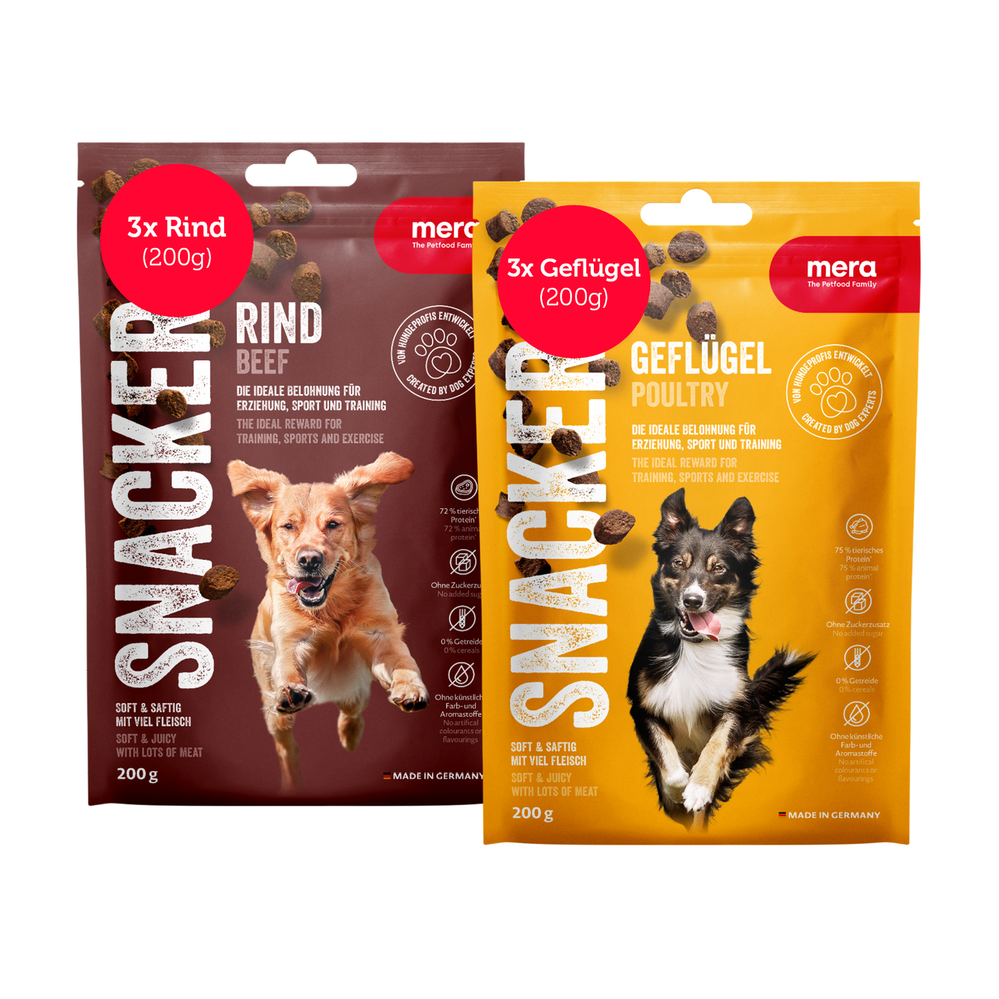 mera Snacker Bundle 3mal Geflügel und 3mal Rind Packshot