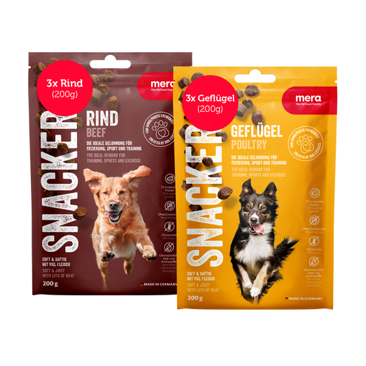 mera Snacker Bundle 3mal Geflügel und 3mal Rind Packshot